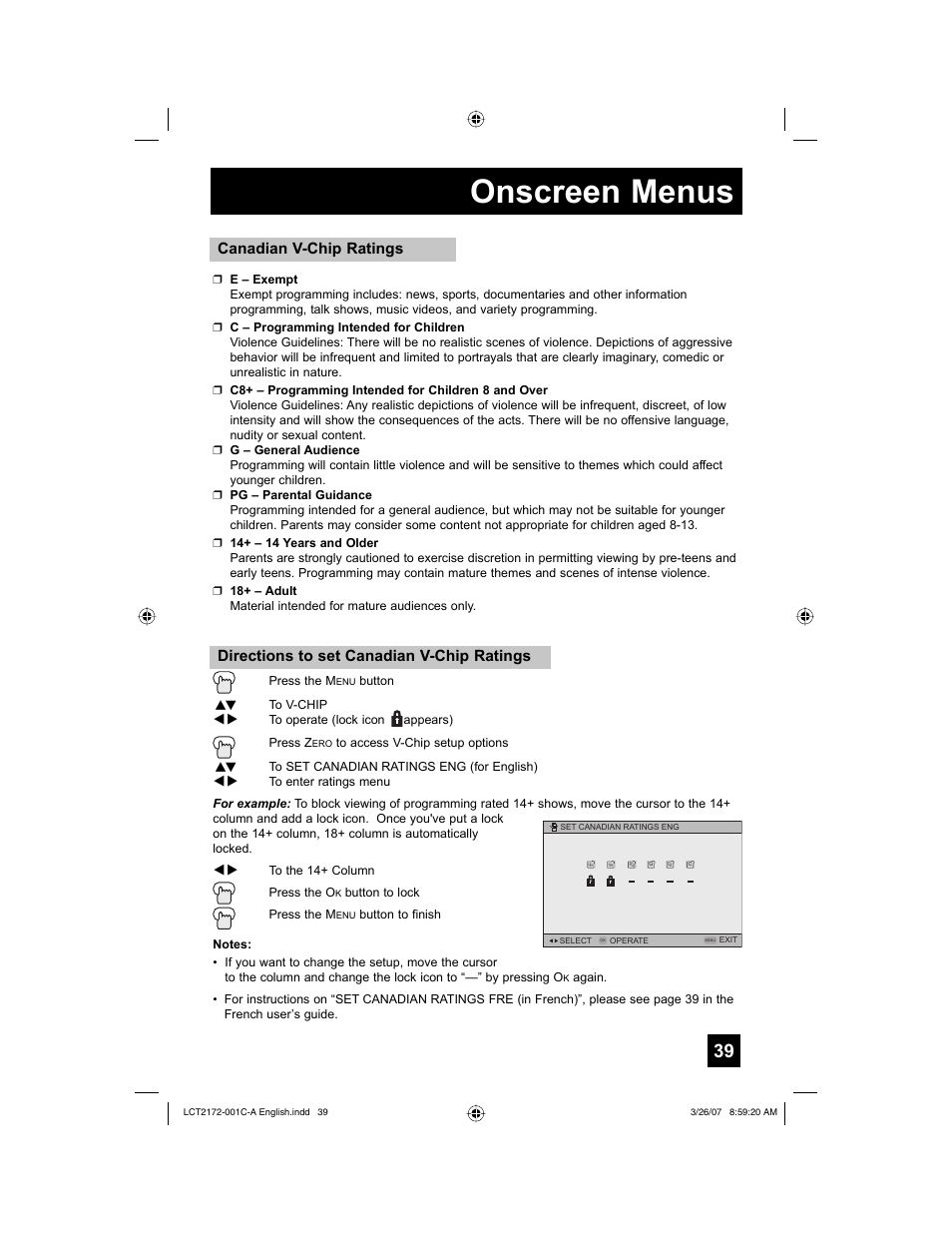 Onscreen menus, Directions to set canadian v-chip ratings, Canadian v-chip ratings | JVC HD-58S998 User Manual | Page 39 / 88