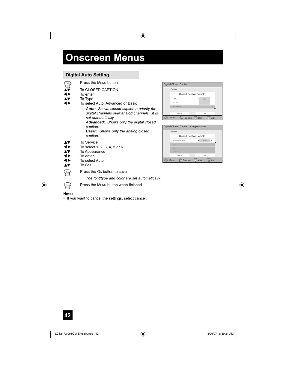 Onscreen menus, Digital auto setting | JVC HD-58S998 User Manual | Page 42 / 88