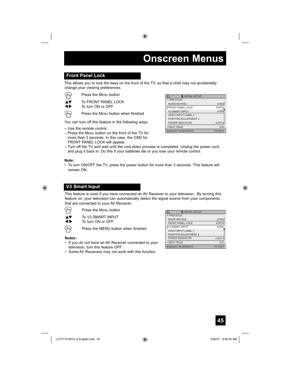 Front panel lock, V3 smart input, Onscreen menus | JVC HD-58S998 User Manual | Page 45 / 88