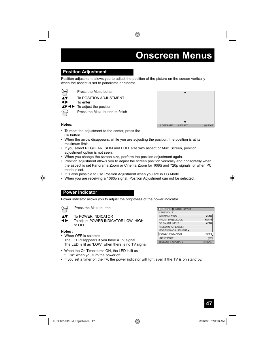 Position adjustment, Power indicator, Onscreen menus | JVC HD-58S998 User Manual | Page 47 / 88