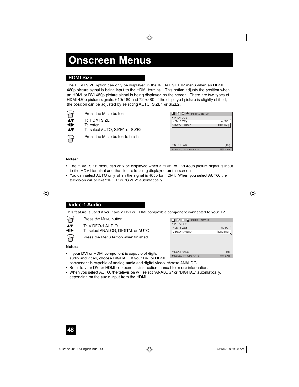Hdmi size, Video-1 audio, Onscreen menus | Hdmi size video-1 audio | JVC HD-58S998 User Manual | Page 48 / 88
