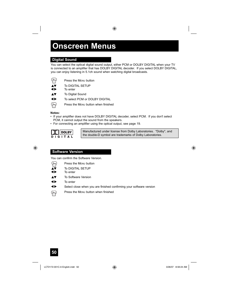 Digital sound, Software version, Onscreen menus | JVC HD-58S998 User Manual | Page 50 / 88