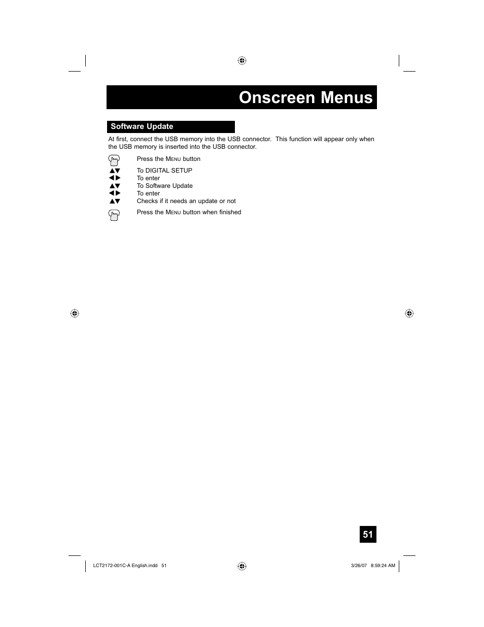 Software update, Onscreen menus | JVC HD-58S998 User Manual | Page 51 / 88