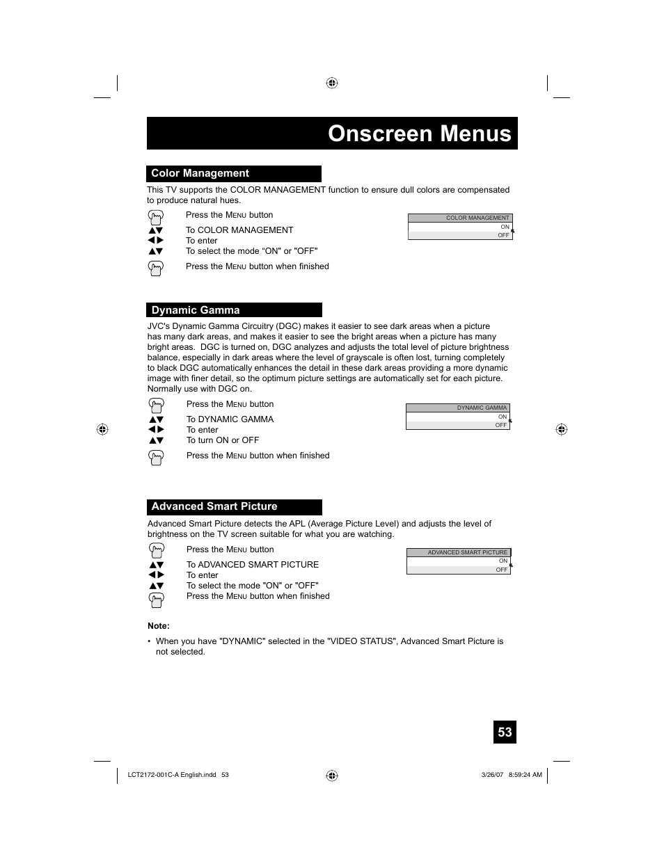 Color management, Dynamic gamma, Advanced smart picture | Onscreen menus | JVC HD-58S998 User Manual | Page 53 / 88