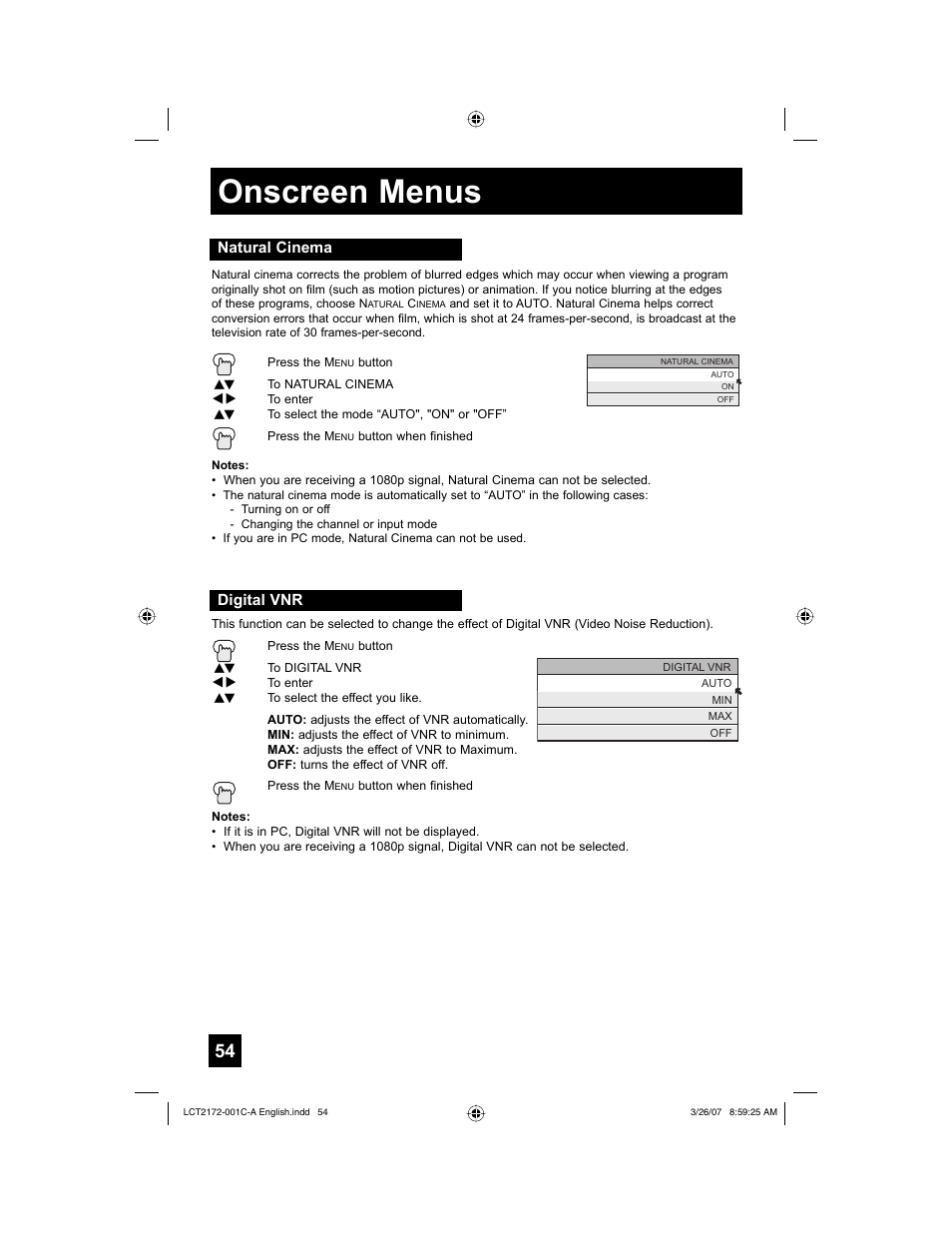 Natural cinema, Digital vnr, Onscreen menus | JVC HD-58S998 User Manual | Page 54 / 88