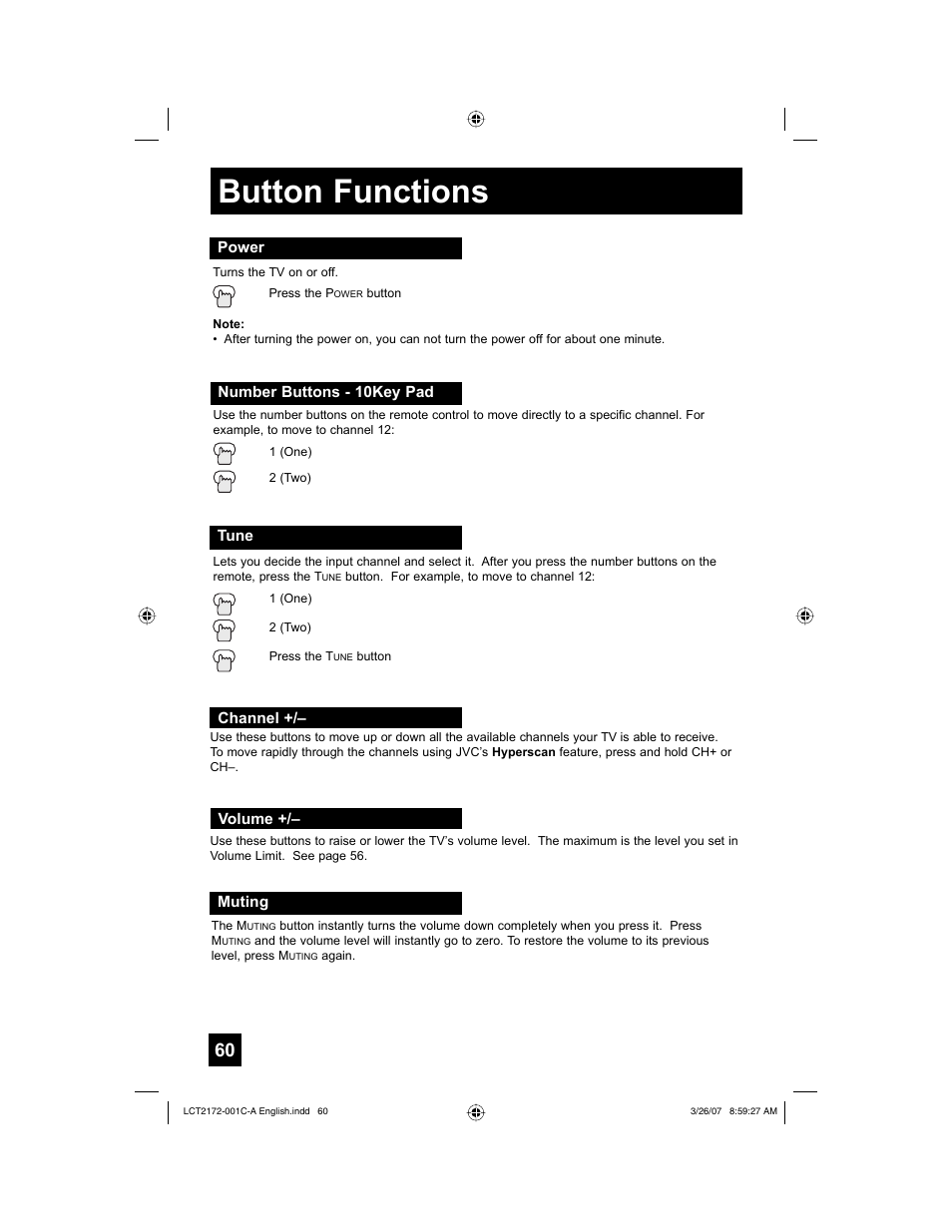 Button functions, Power, Number buttons - 10key pad | Tune, Channel, Volume, Muting | JVC HD-58S998 User Manual | Page 60 / 88