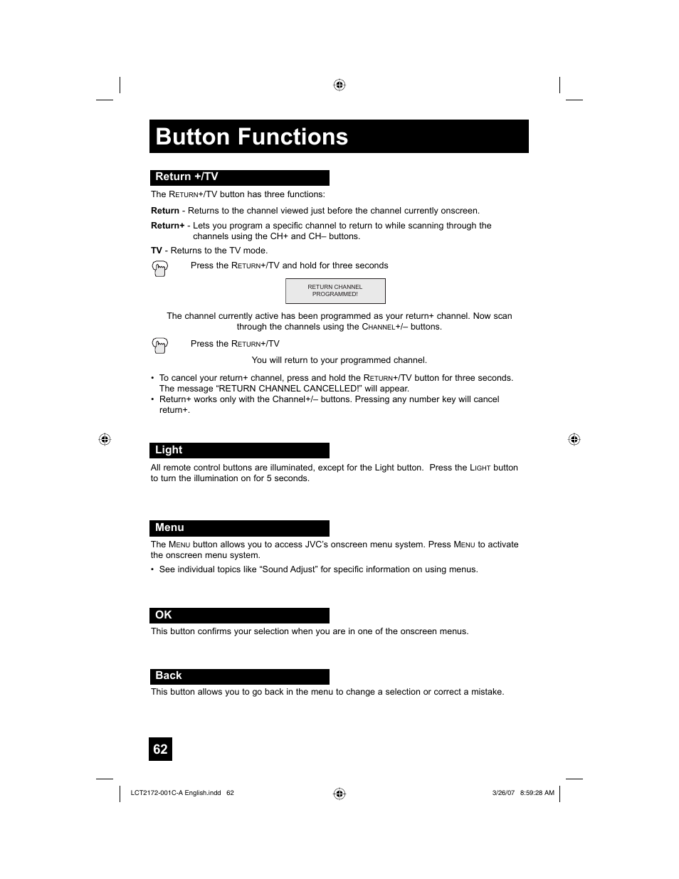 Return +/tv, Light, Menu | Back, Button functions | JVC HD-58S998 User Manual | Page 62 / 88