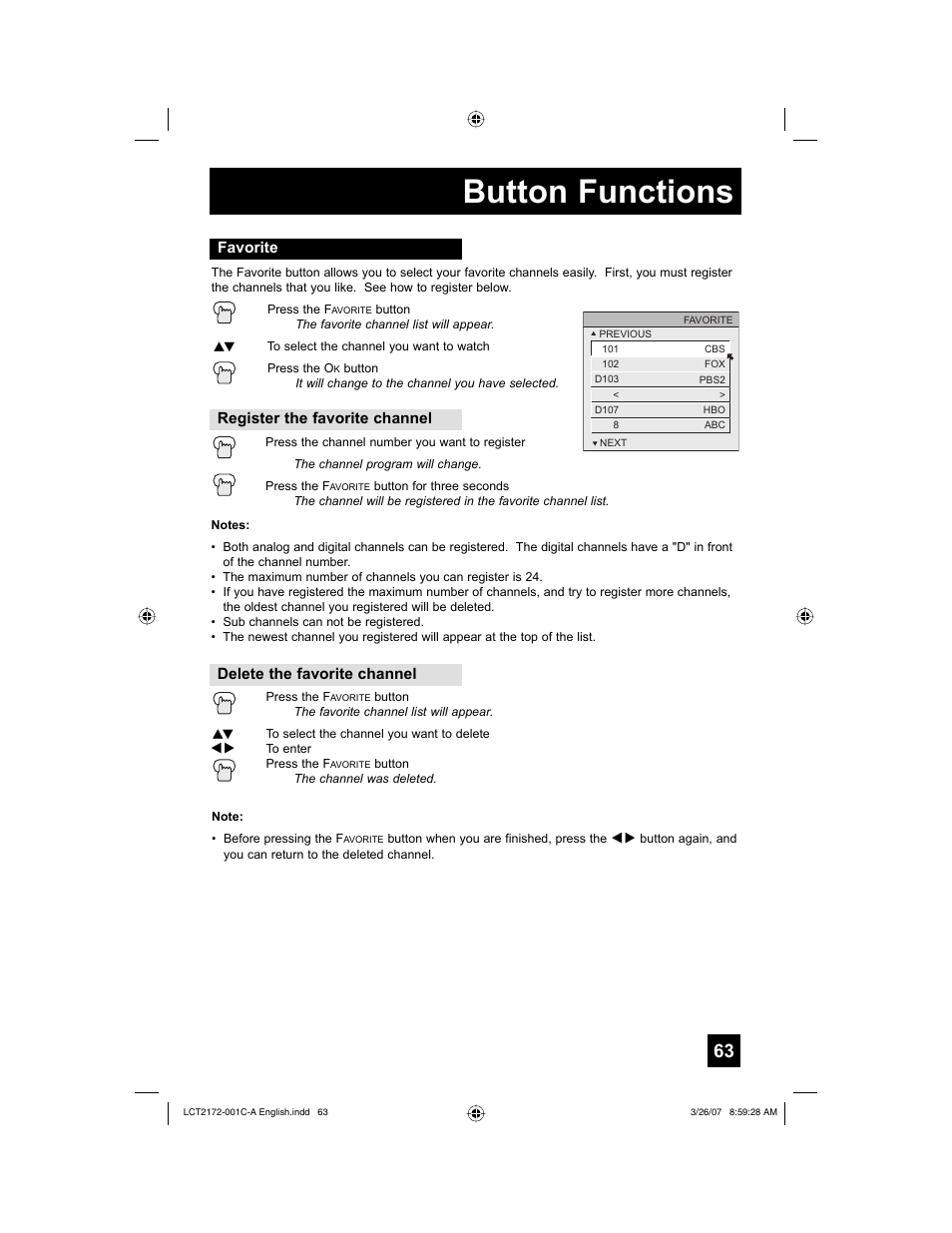 Favorite, Button functions | JVC HD-58S998 User Manual | Page 63 / 88