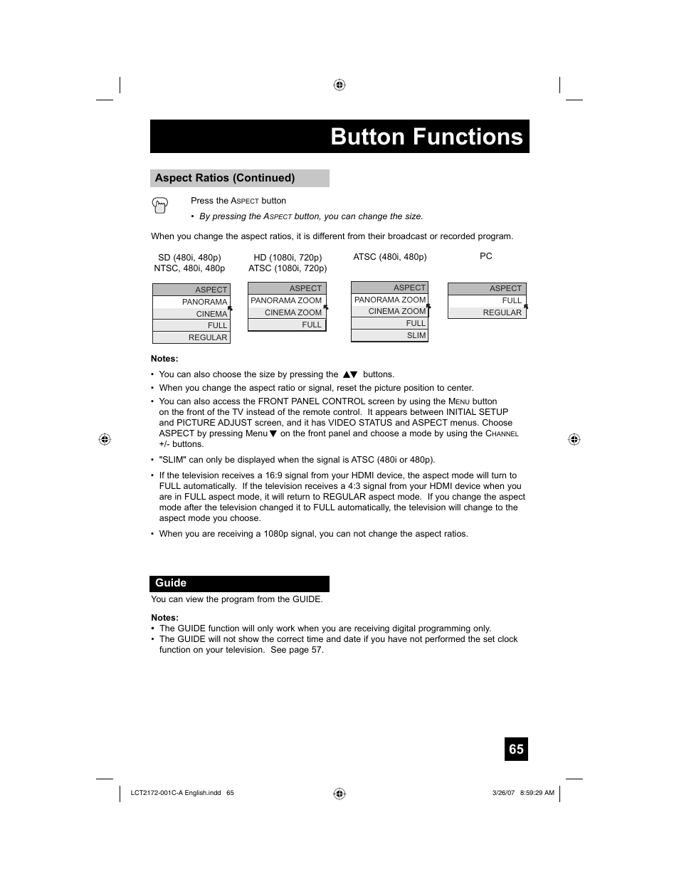 Guide, Button functions | JVC HD-58S998 User Manual | Page 65 / 88