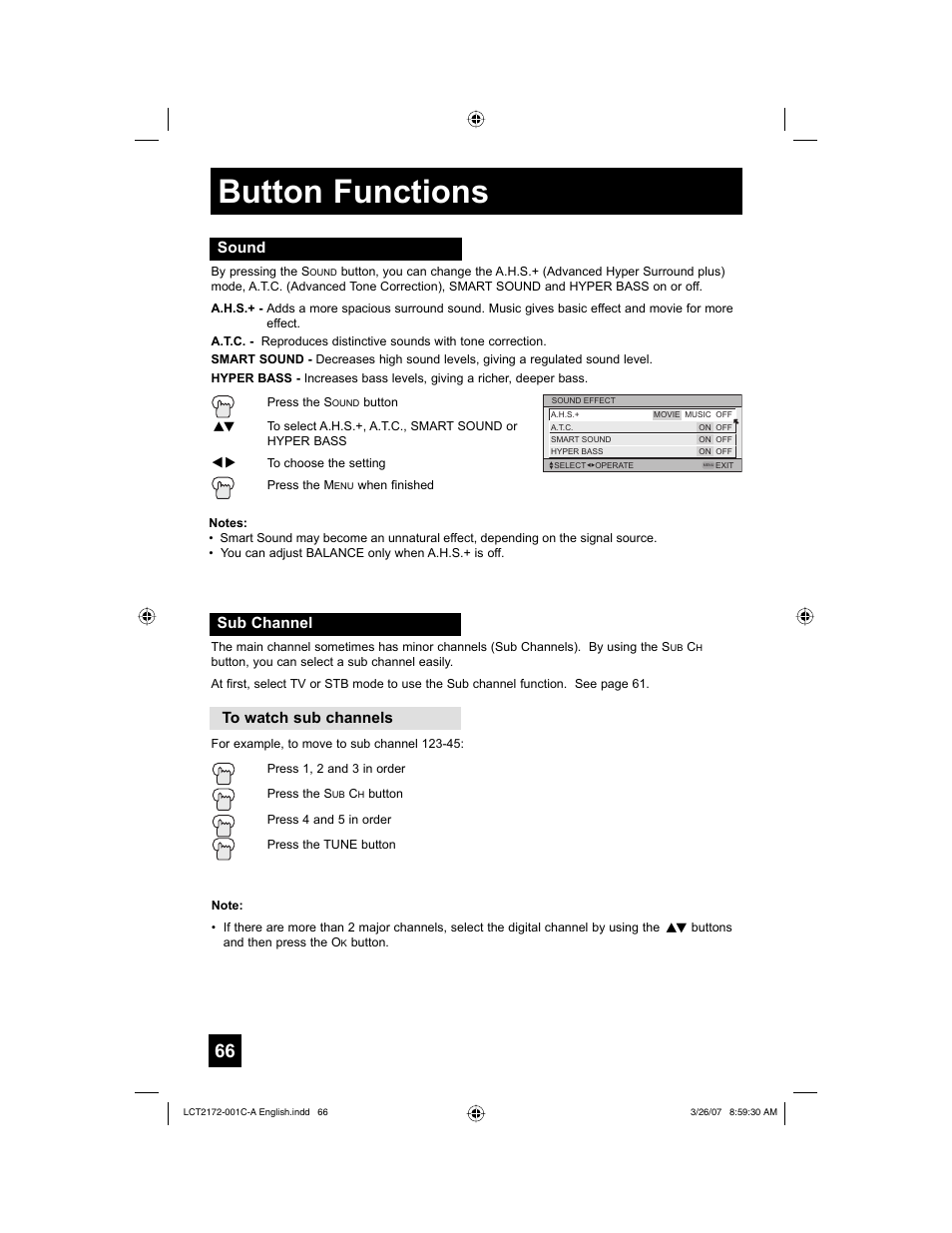 Sound, Sub channel, Button functions | JVC HD-58S998 User Manual | Page 66 / 88