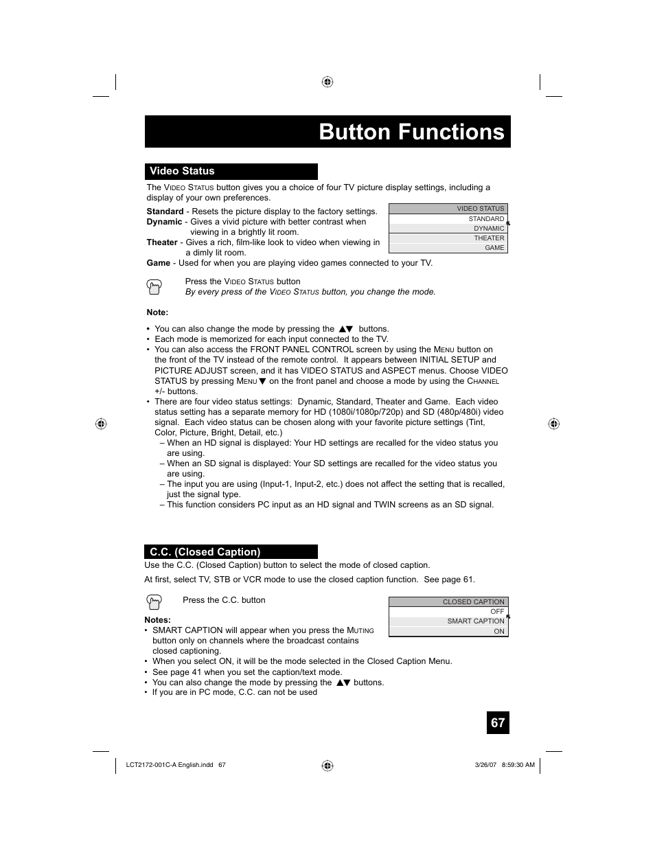 Video status, C.c. (closed caption), Button functions | JVC HD-58S998 User Manual | Page 67 / 88