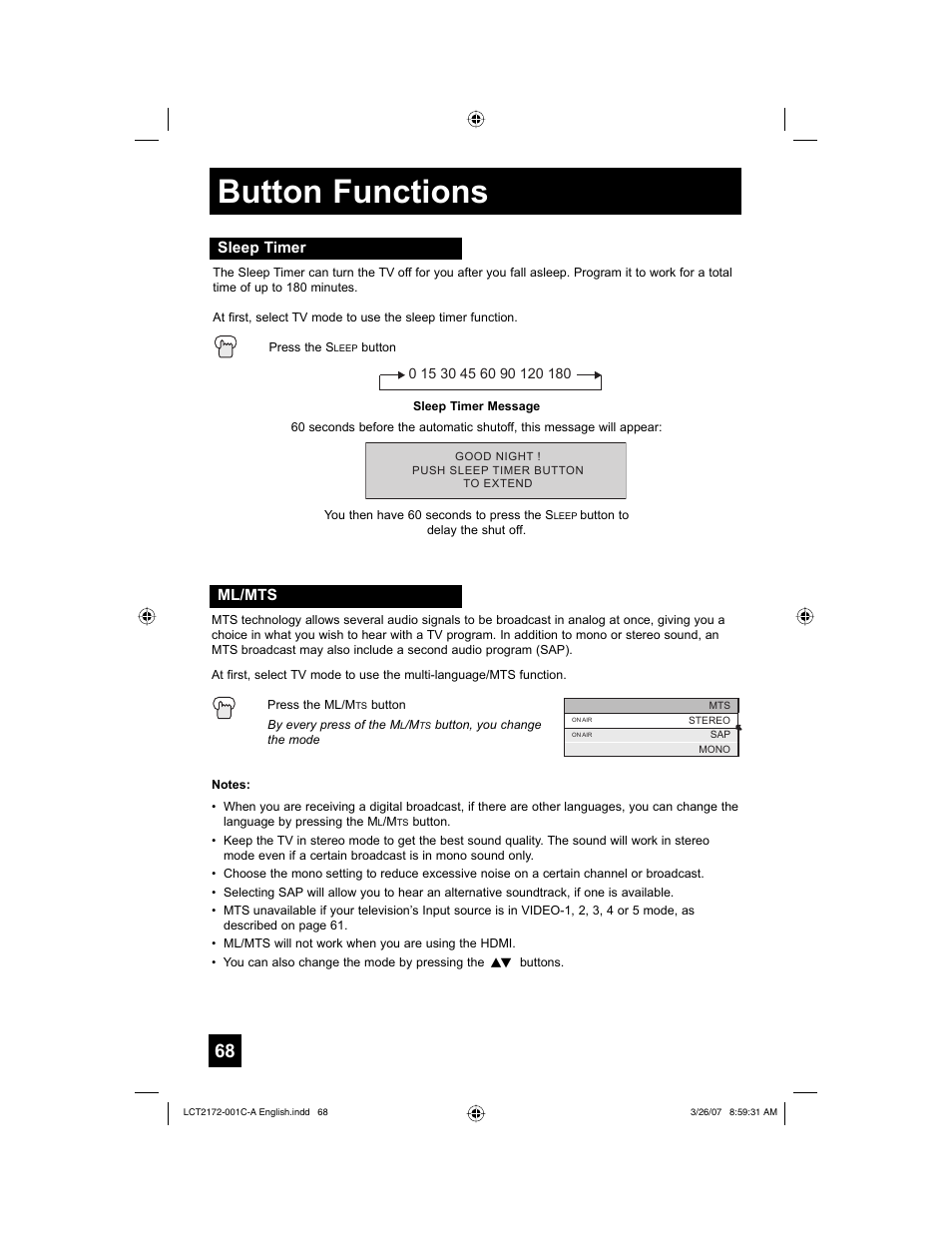 Sleep timer, Ml/mts, Button functions | JVC HD-58S998 User Manual | Page 68 / 88