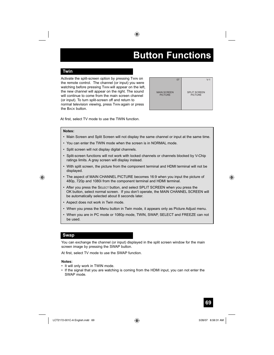 Twin, Swap, Button functions | JVC HD-58S998 User Manual | Page 69 / 88