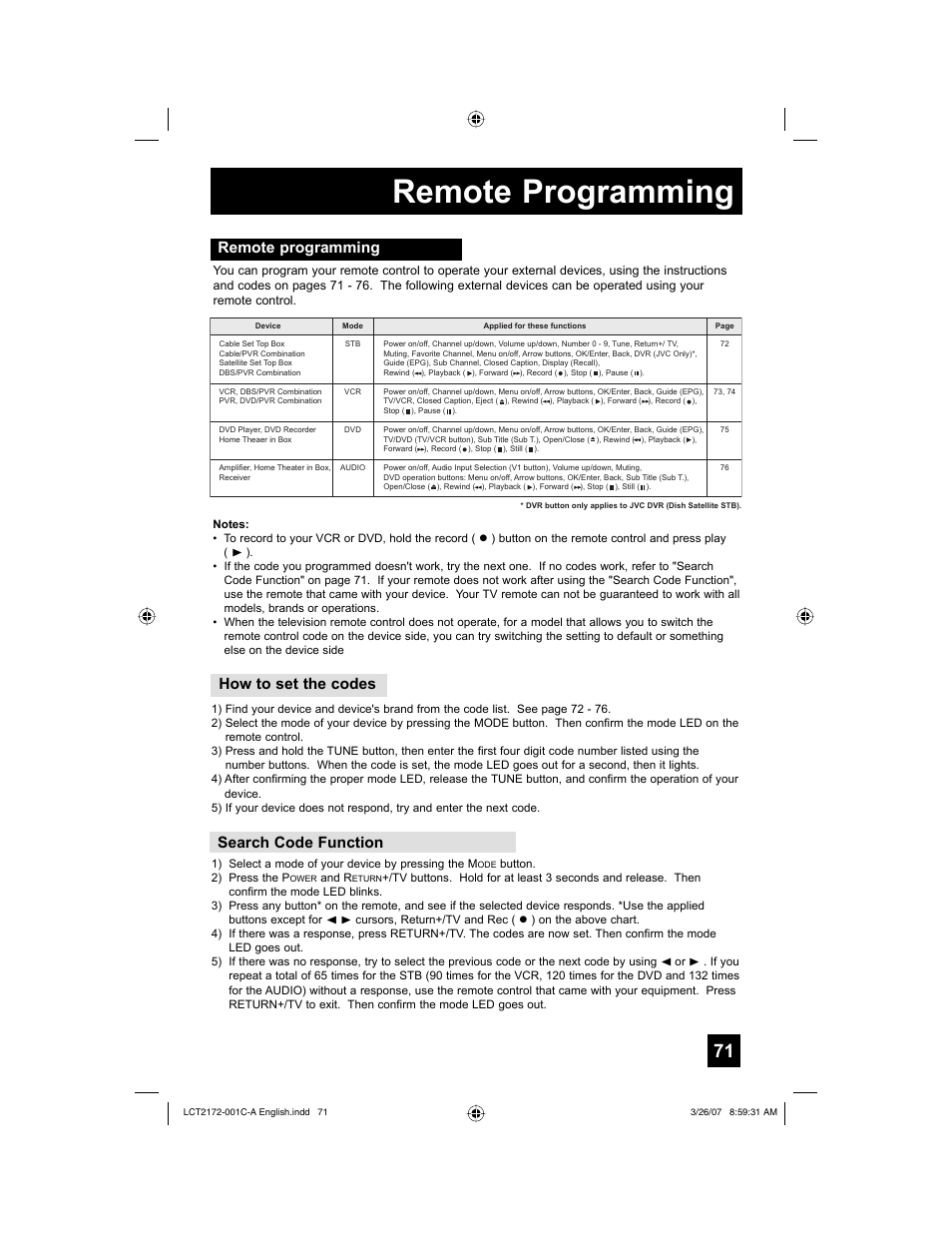 Remote programming, How to set the codes, Search code function | JVC HD-58S998 User Manual | Page 71 / 88