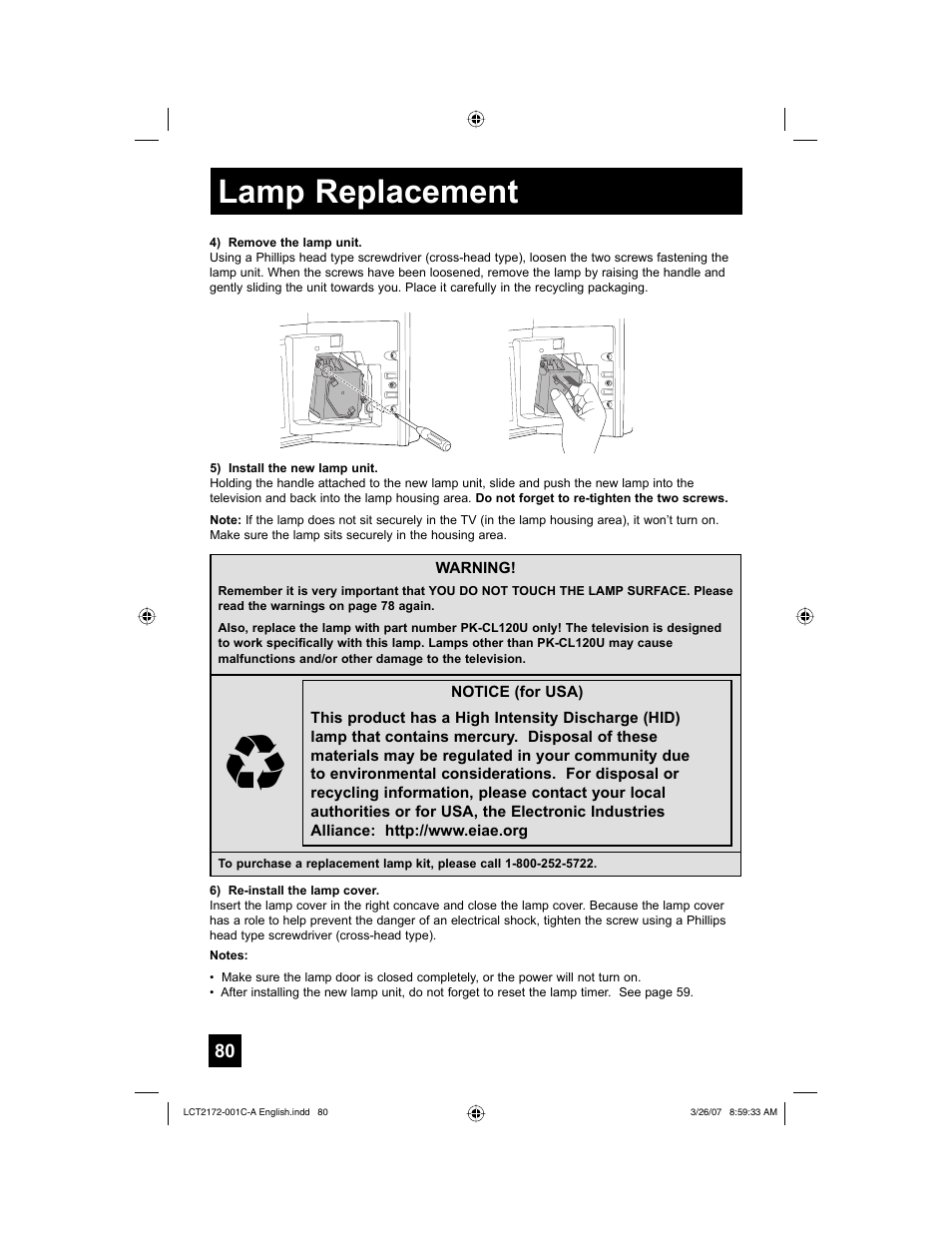 Lamp replacement | JVC HD-58S998 User Manual | Page 80 / 88