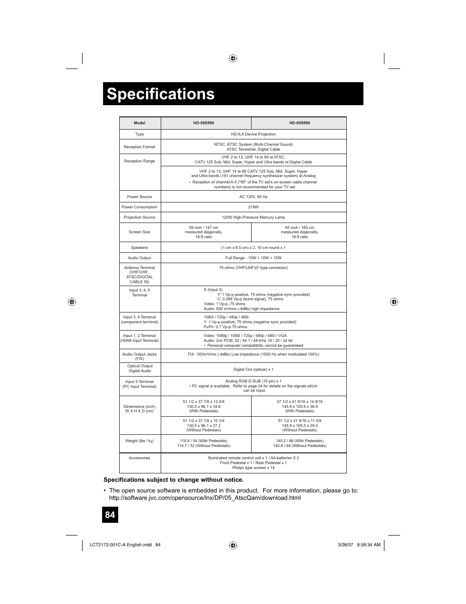 Specifications | JVC HD-58S998 User Manual | Page 84 / 88