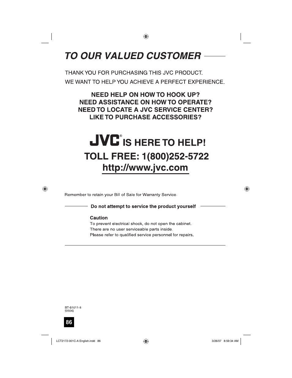 To our valued customer | JVC HD-58S998 User Manual | Page 86 / 88
