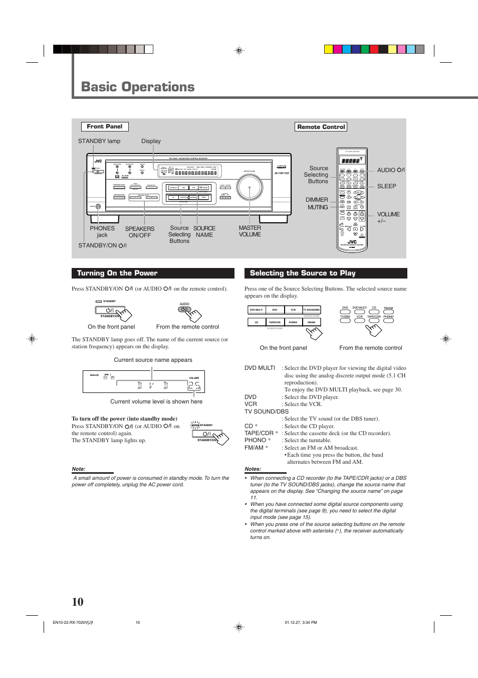 Basic operations, Turning on the power, Selecting the source to play | Standby, Input att, Lc s.wfr ls rs, Slfe, Front panel remote control, On the front panel from the remote control, Current source name appears | JVC RX-7020VBK User Manual | Page 12 / 47
