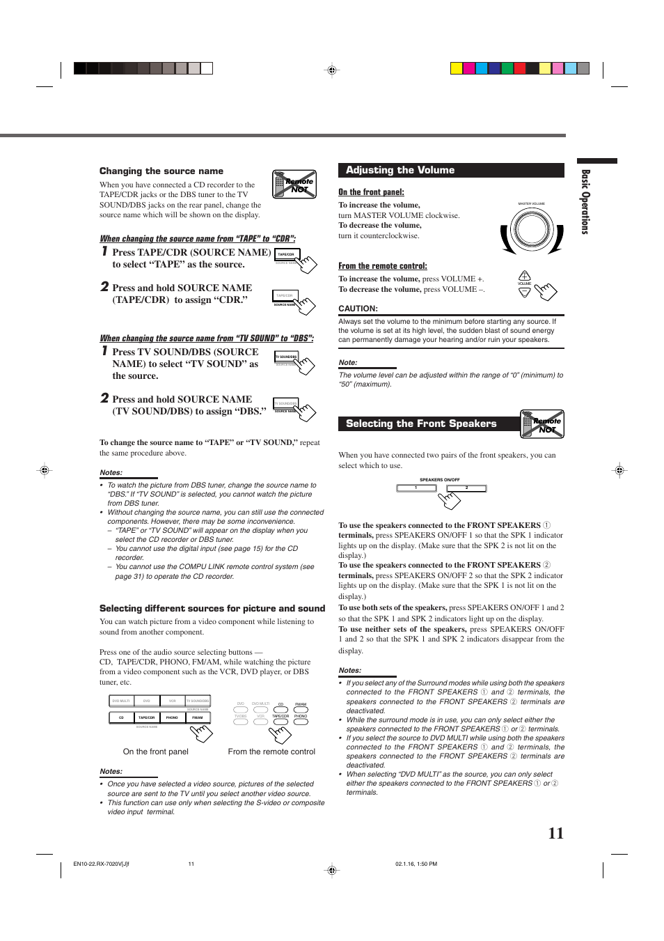 Basic operations, Adjusting the volume, Selecting the front speakers | Changing the source name, When changing the source name from “tape” to “cdr, Selecting different sources for picture and sound, On the front panel | JVC RX-7020VBK User Manual | Page 13 / 47