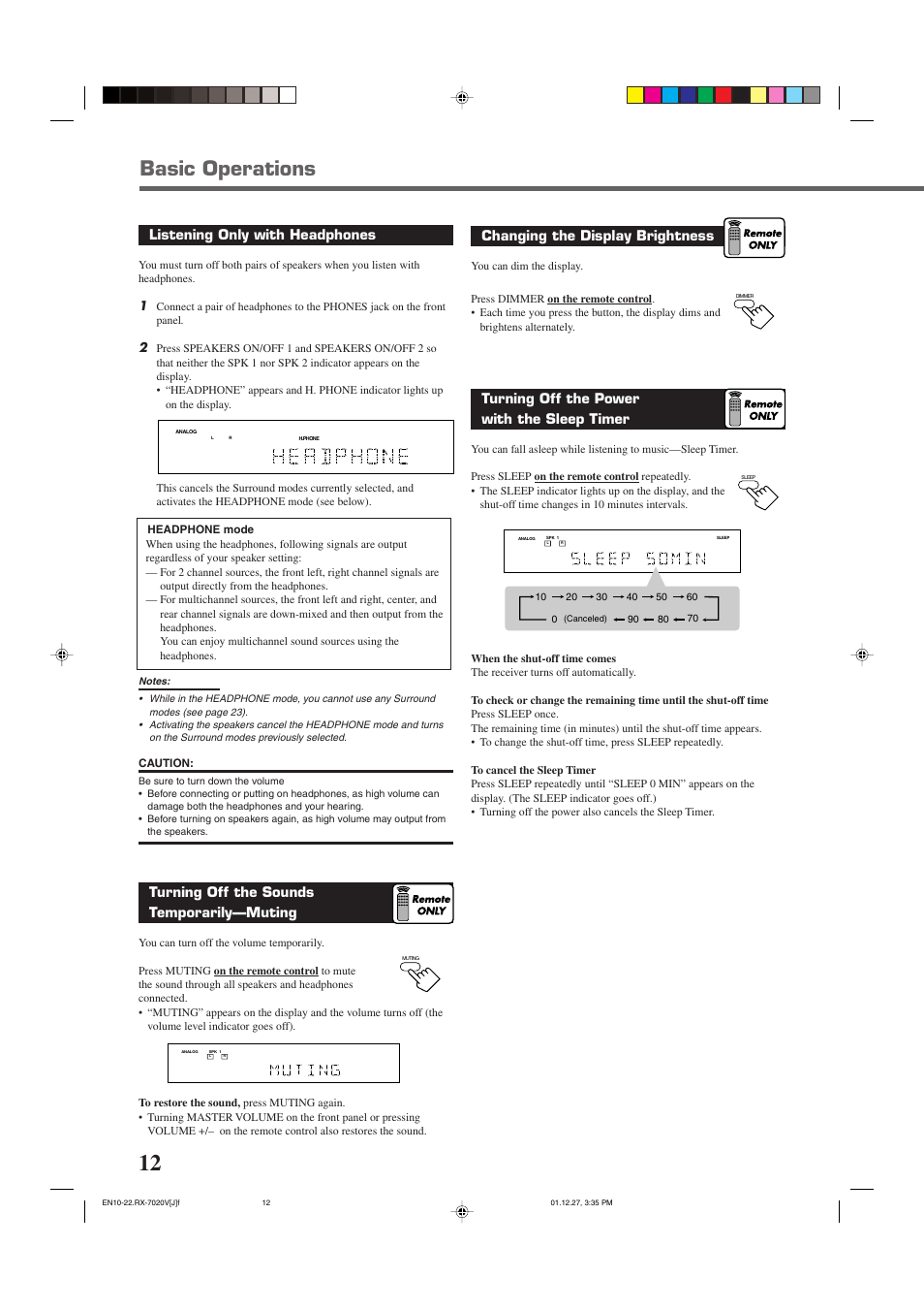 Basic operations, Changing the display brightness, Turning off the power with the sleep timer | Listening only with headphones, Turning off the sounds temporarily—muting | JVC RX-7020VBK User Manual | Page 14 / 47