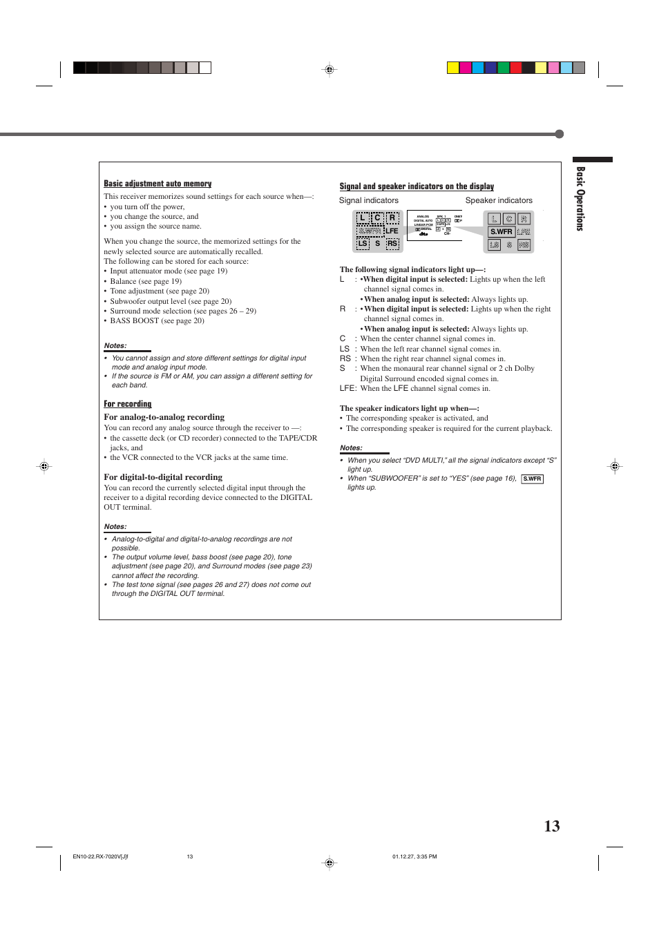 Basic operations, For recording for analog-to-analog recording, For digital-to-digital recording | Signal and speaker indicators on the display | JVC RX-7020VBK User Manual | Page 15 / 47