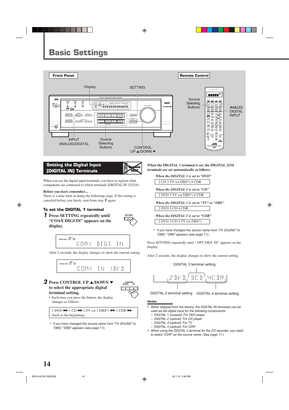Basic settings, Setting the digital input [digital in] terminals, Standby | Input att, Lc s.wfr ls rs, Slfe, Front panel remote control, Analog/ digital input source selecting buttons, Digital 2 terminal setting, Remote not | JVC RX-7020VBK User Manual | Page 16 / 47