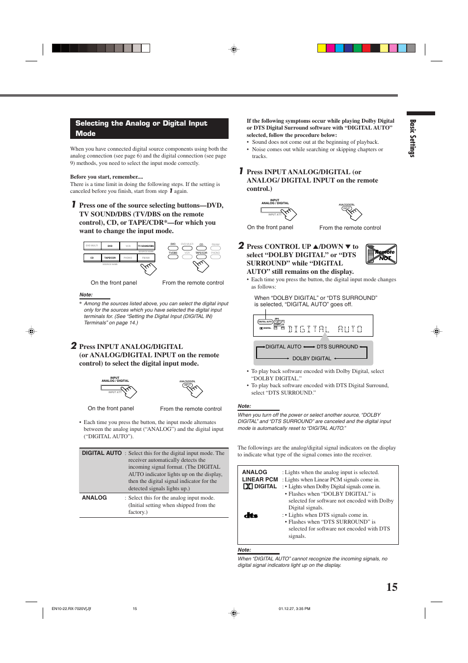 Basic settings, Selecting the analog or digital input mode | JVC RX-7020VBK User Manual | Page 17 / 47