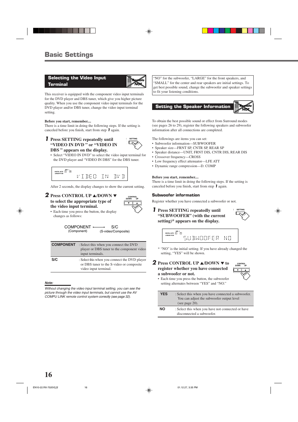 Basic settings, Selecting the video input terminal, Setting the speaker information | JVC RX-7020VBK User Manual | Page 18 / 47