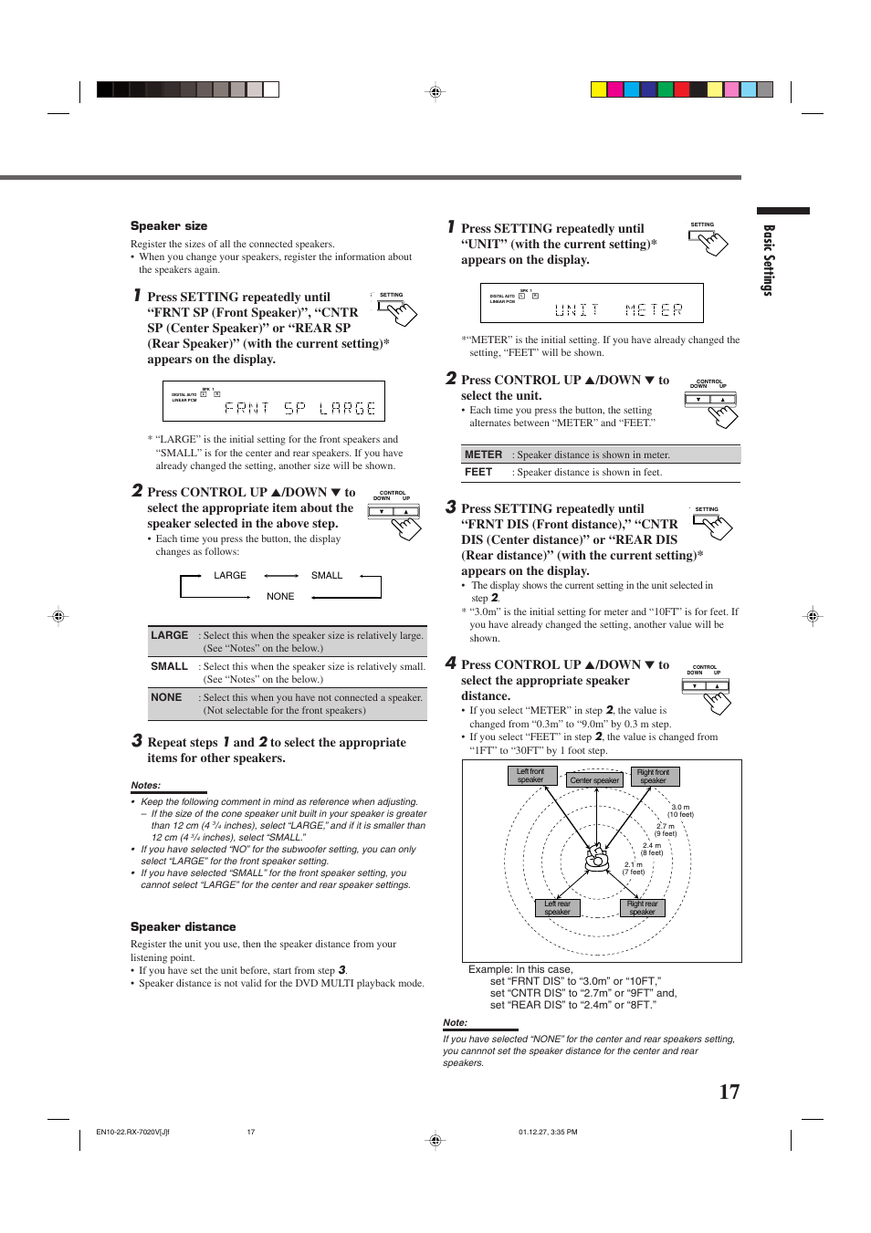 Basic settings, Press control up 5 /down ∞ to select the unit, Speaker size | Speaker distance | JVC RX-7020VBK User Manual | Page 19 / 47