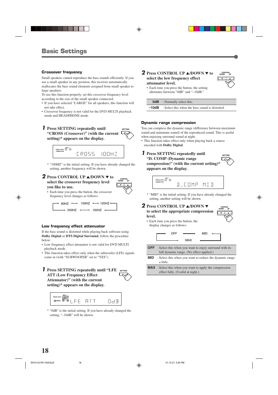 Basic settings, Dynamic range compression, Crossover frequency | Low frequency effect attenuator | JVC RX-7020VBK User Manual | Page 20 / 47