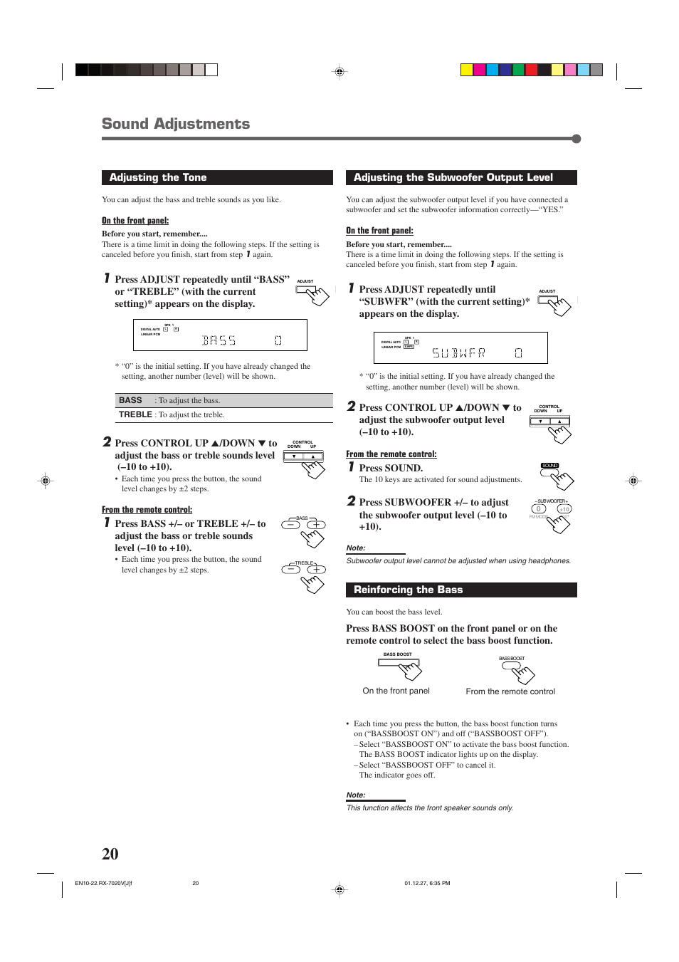 Sound adjustments, Adjusting the subwoofer output level, Press sound | Reinforcing the bass, Adjusting the tone, On the front panel | JVC RX-7020VBK User Manual | Page 22 / 47