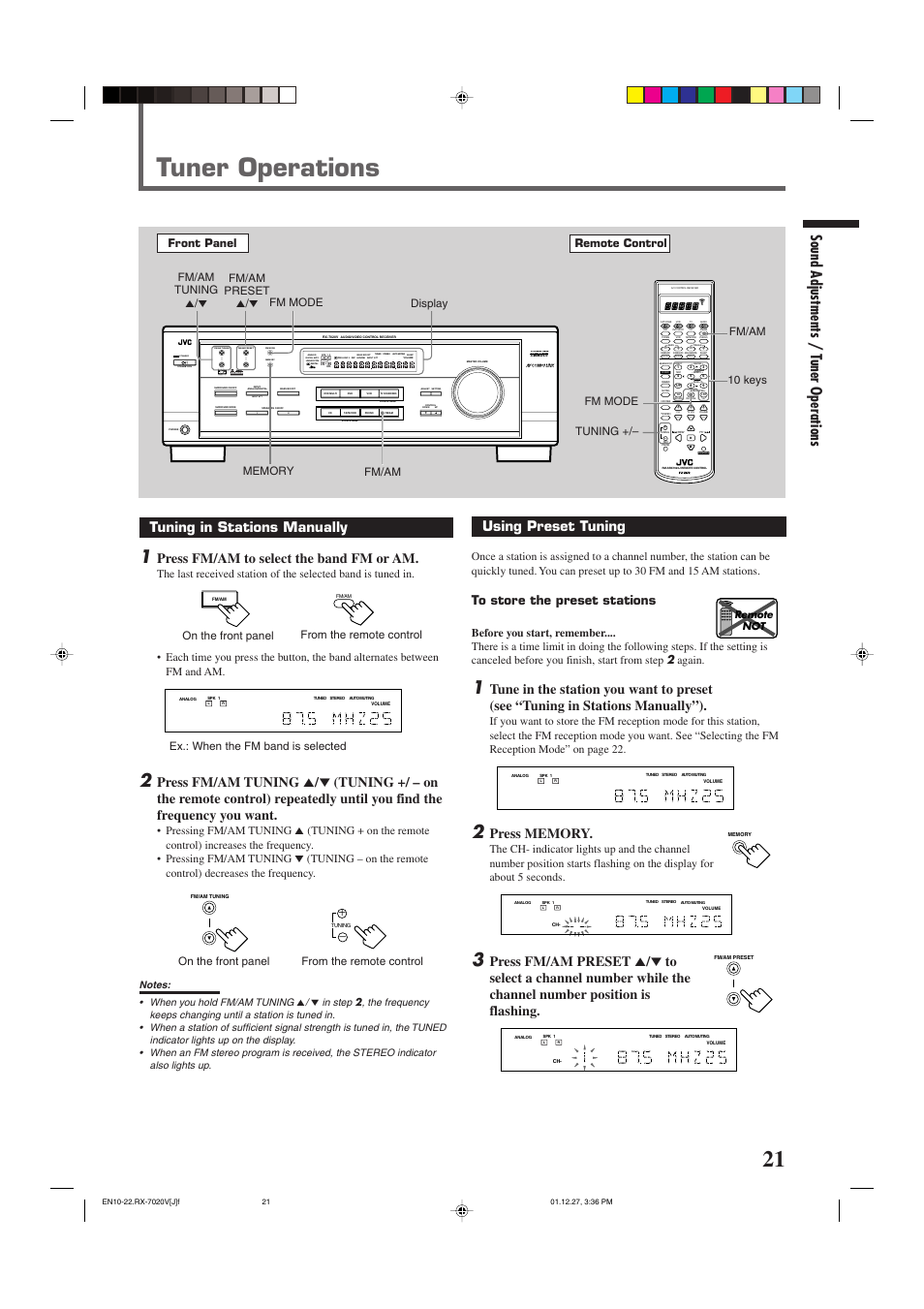 Tuner operations, Sound adjustments / t uner operations, Using preset tuning | Tuning in stations manually, Press fm/am to select the band fm or am, Standby, Input att, Lc s.wfr ls rs, Slfe, Front panel remote control | JVC RX-7020VBK User Manual | Page 23 / 47