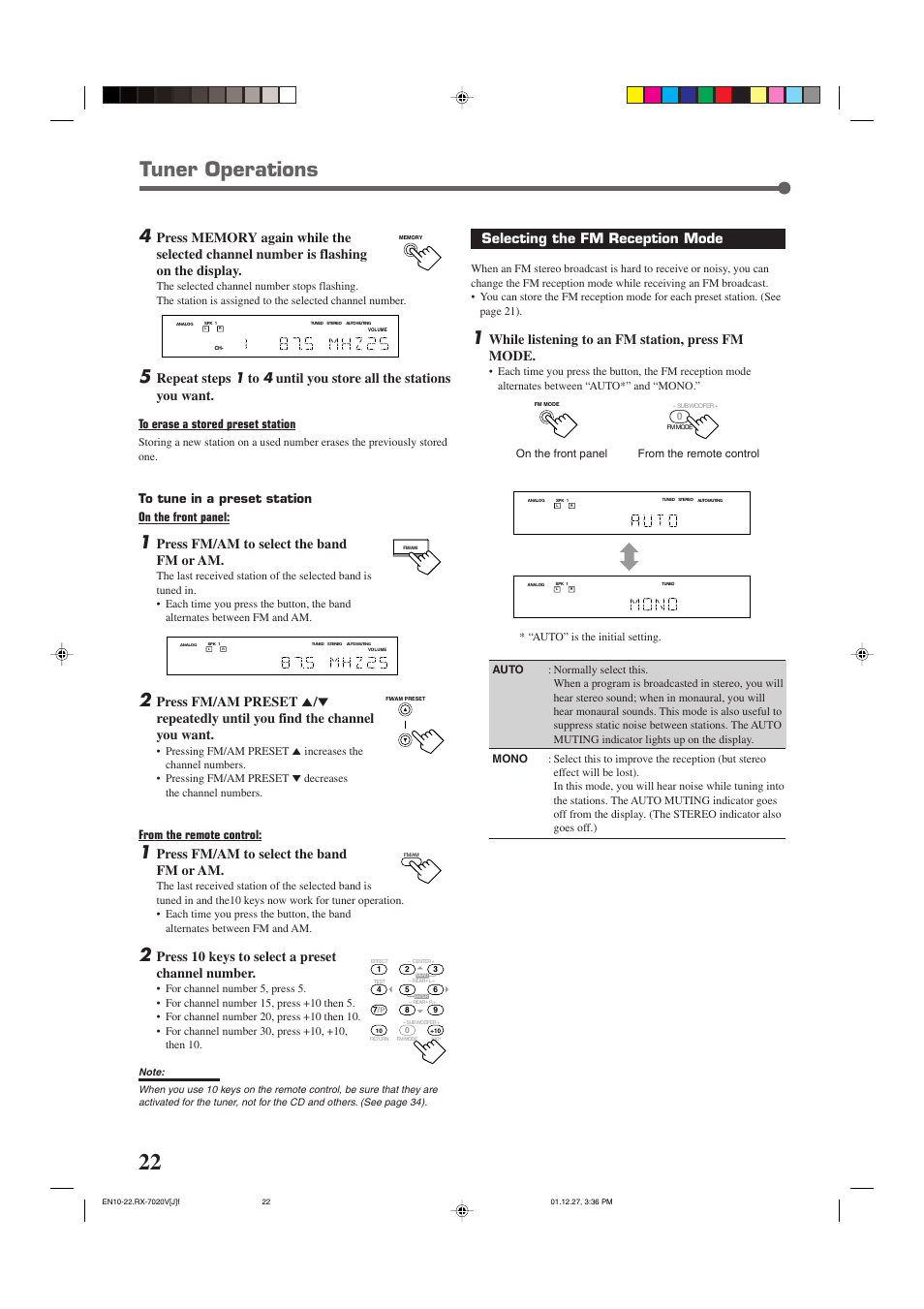 Tuner operations, Selecting the fm reception mode, While listening to an fm station, press fm mode | Press fm/am to select the band fm or am, Press 10 keys to select a preset channel number | JVC RX-7020VBK User Manual | Page 24 / 47