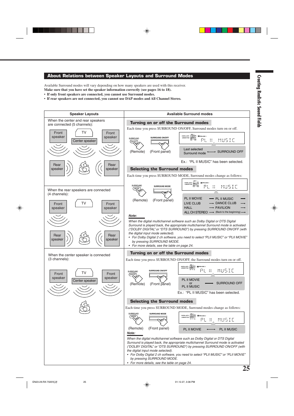 Creating realistic sound fields, Turning on or off the surround modes, Selecting the surround modes | Front panel) (remote), Front panel) (remote) (remote) (front panel), Ex.: “pl ii music” has been selected | JVC RX-7020VBK User Manual | Page 27 / 47