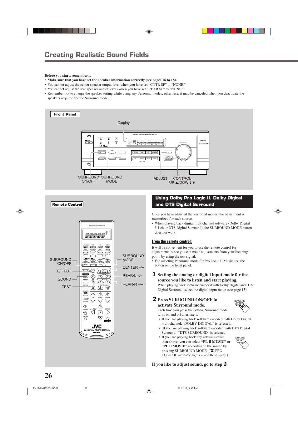Creating realistic sound fields, Standby, Input att | Lc s.wfr ls rs, Slfe, Press surround on/off to activate surround mode, If you like to adjust sound, go to step 3, Surround on/off effect sound test | JVC RX-7020VBK User Manual | Page 28 / 47