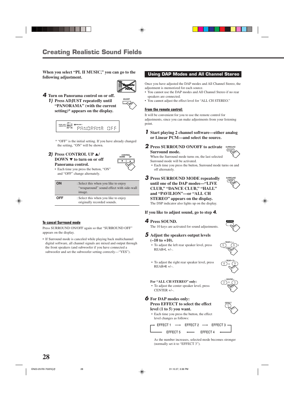 Creating realistic sound fields, Using dap modes and all channel stereo, Press surround on/off to activate surround mode | If you like to adjust sound, go to step 4, Press sound, Adjust the speakers output levels (–10 to +10) | JVC RX-7020VBK User Manual | Page 30 / 47