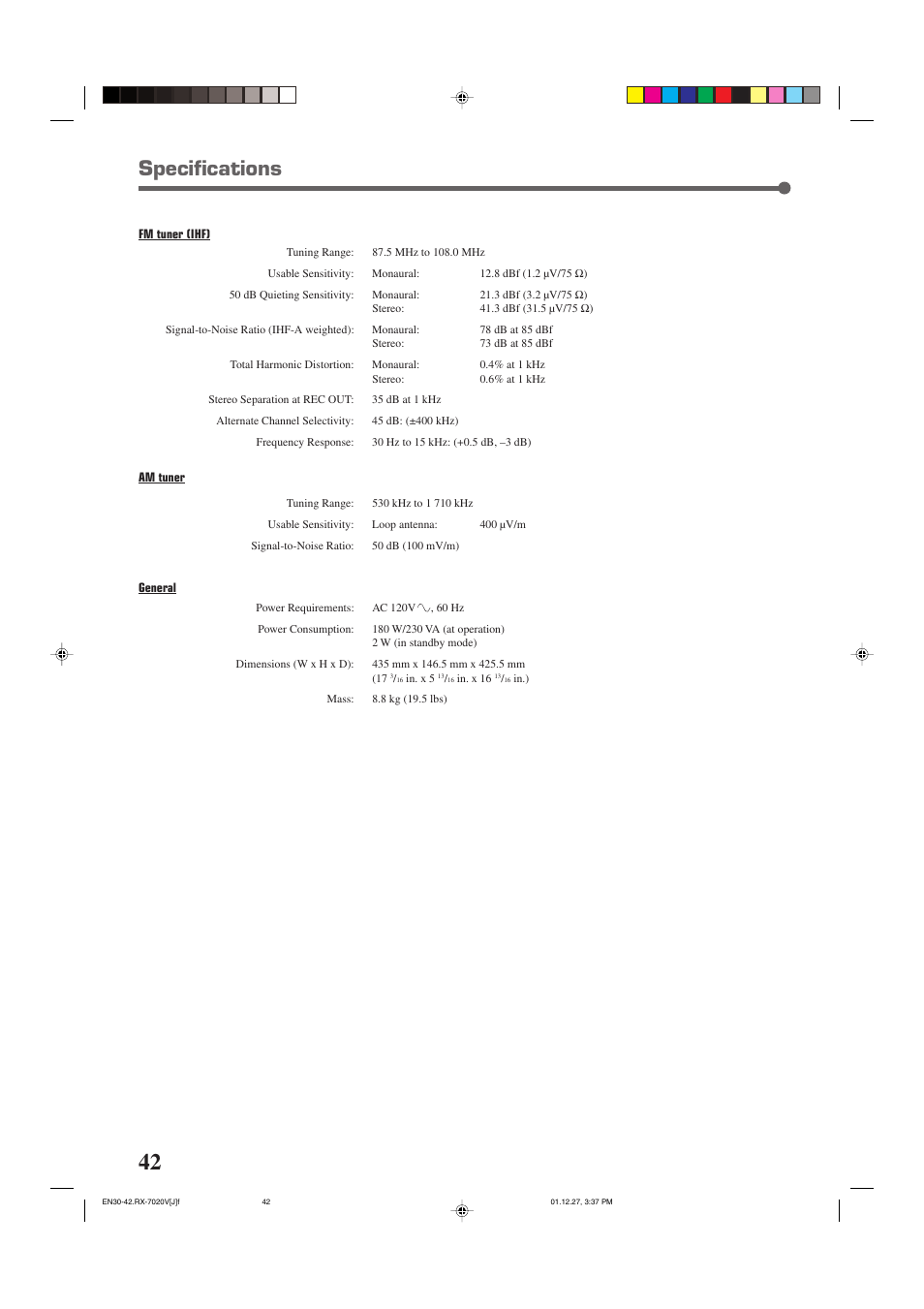 Specifications | JVC RX-7020VBK User Manual | Page 44 / 47