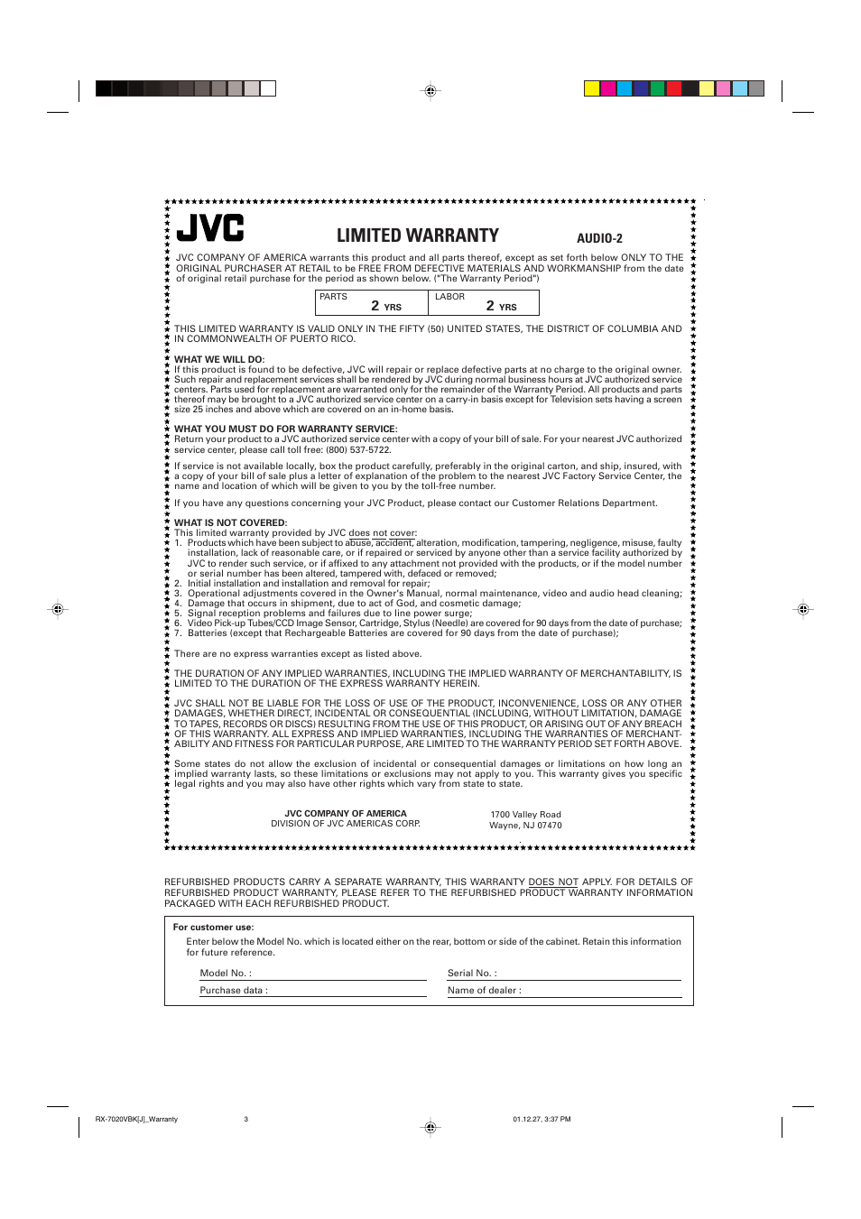 Limited warranty, Audio-2 | JVC RX-7020VBK User Manual | Page 46 / 47