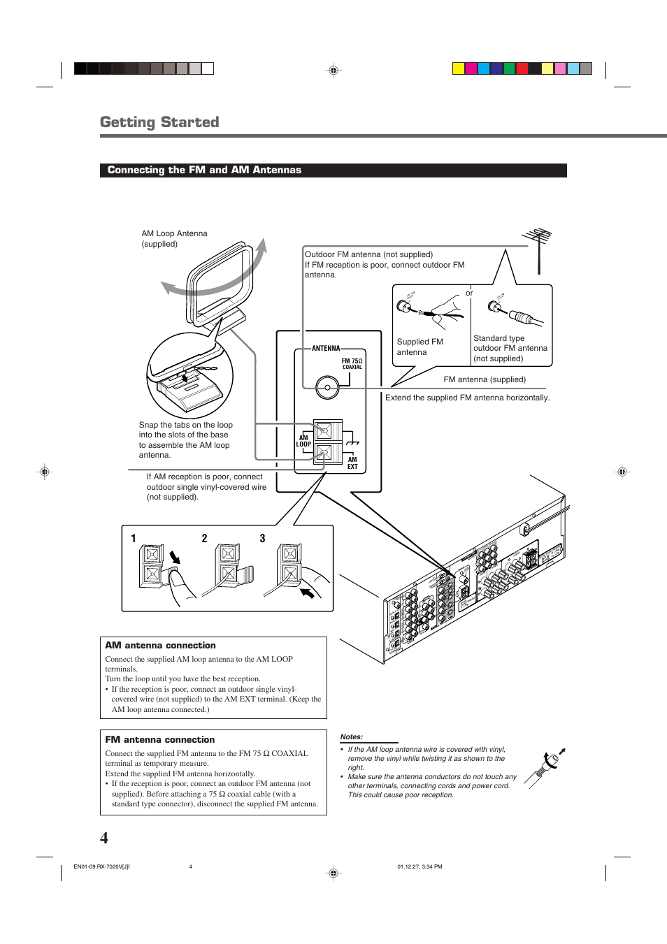 Getting started, Coa xia l, Connecting the fm and am antennas | Am antenna connection, Fm antenna connection, Am loop antenna (supplied), Antenna, Am loop fm 75, Am ext | JVC RX-7020VBK User Manual | Page 6 / 47