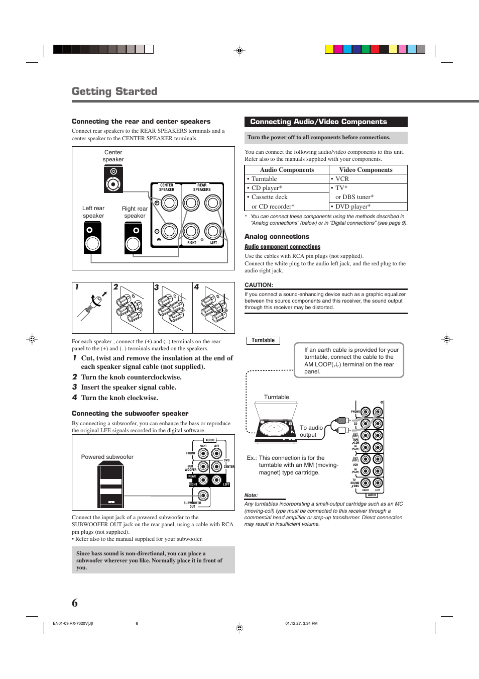 Getting started, Connecting audio/video components, Connecting the rear and center speakers | Analog connections audio component connections, Connecting the subwoofer speaker | JVC RX-7020VBK User Manual | Page 8 / 47