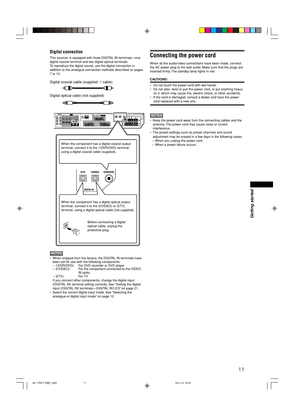 Connecting the power cord, Digital connection | JVC RX-F10S User Manual | Page 15 / 47