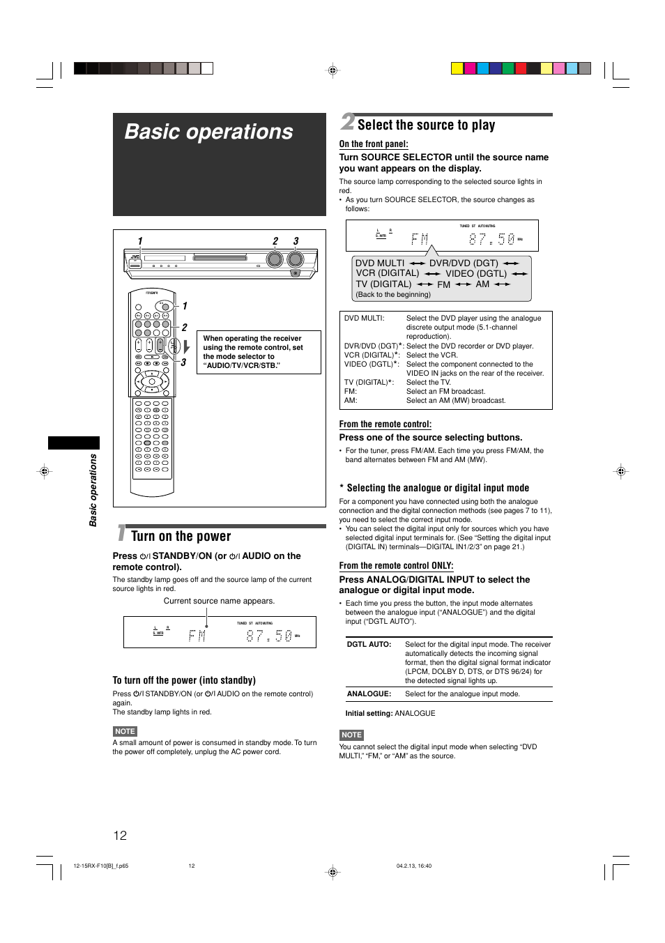 Basic operations, Select the source to play, Turn on the power | Selecting the analogue or digital input mode | JVC RX-F10S User Manual | Page 16 / 47