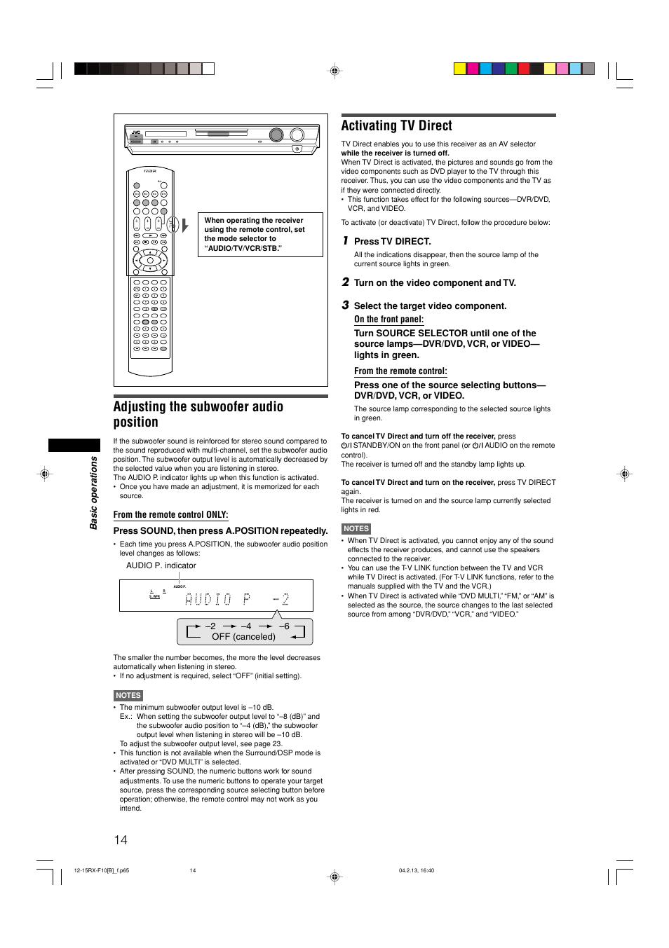 Adjusting the subwoofer audio position, Activating tv direct | JVC RX-F10S User Manual | Page 18 / 47