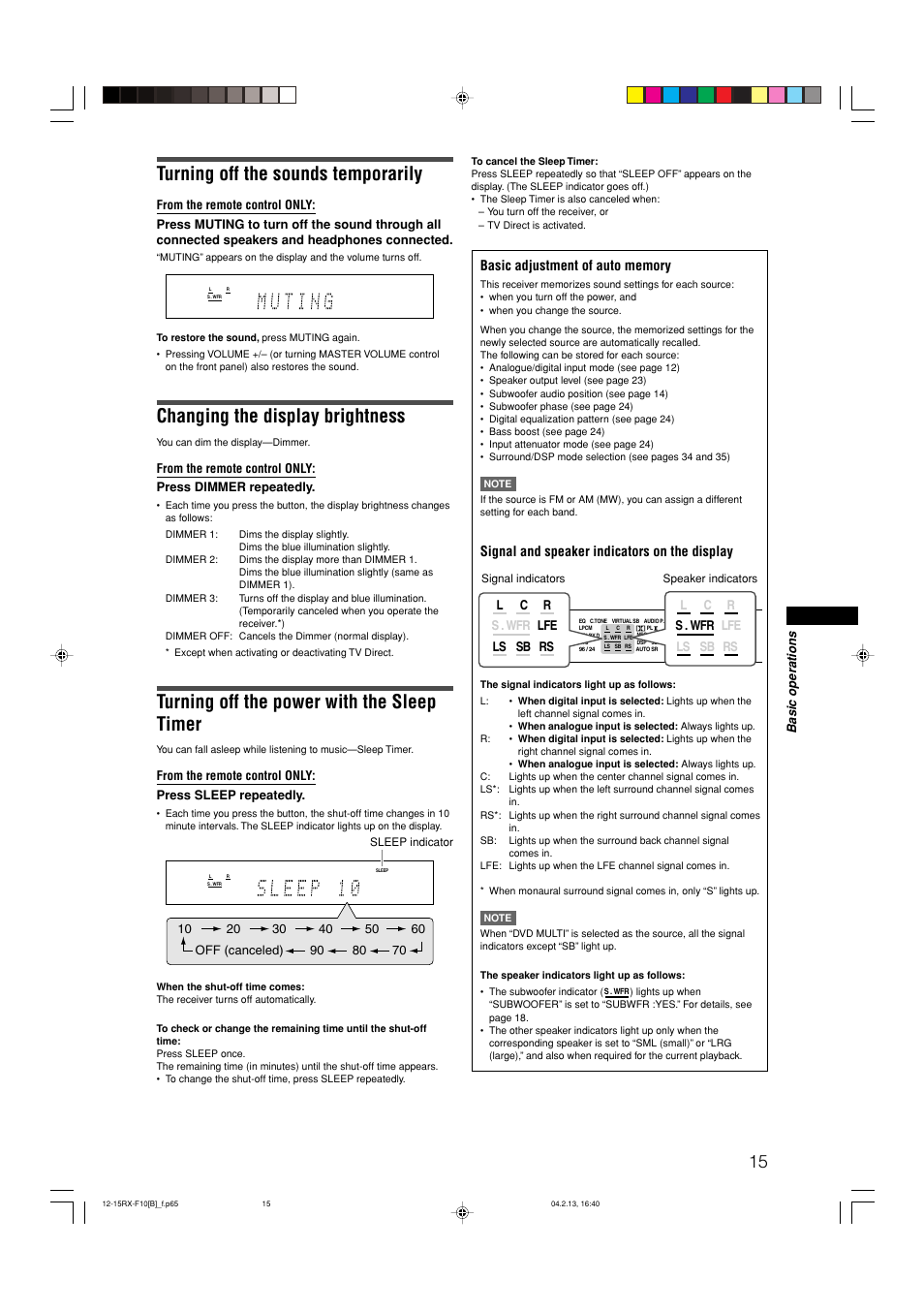 Turning off the sounds temporarily, Changing the display brightness, Turning off the power with the sleep timer | Signal and speaker indicators on the display, Basic operations | JVC RX-F10S User Manual | Page 19 / 47