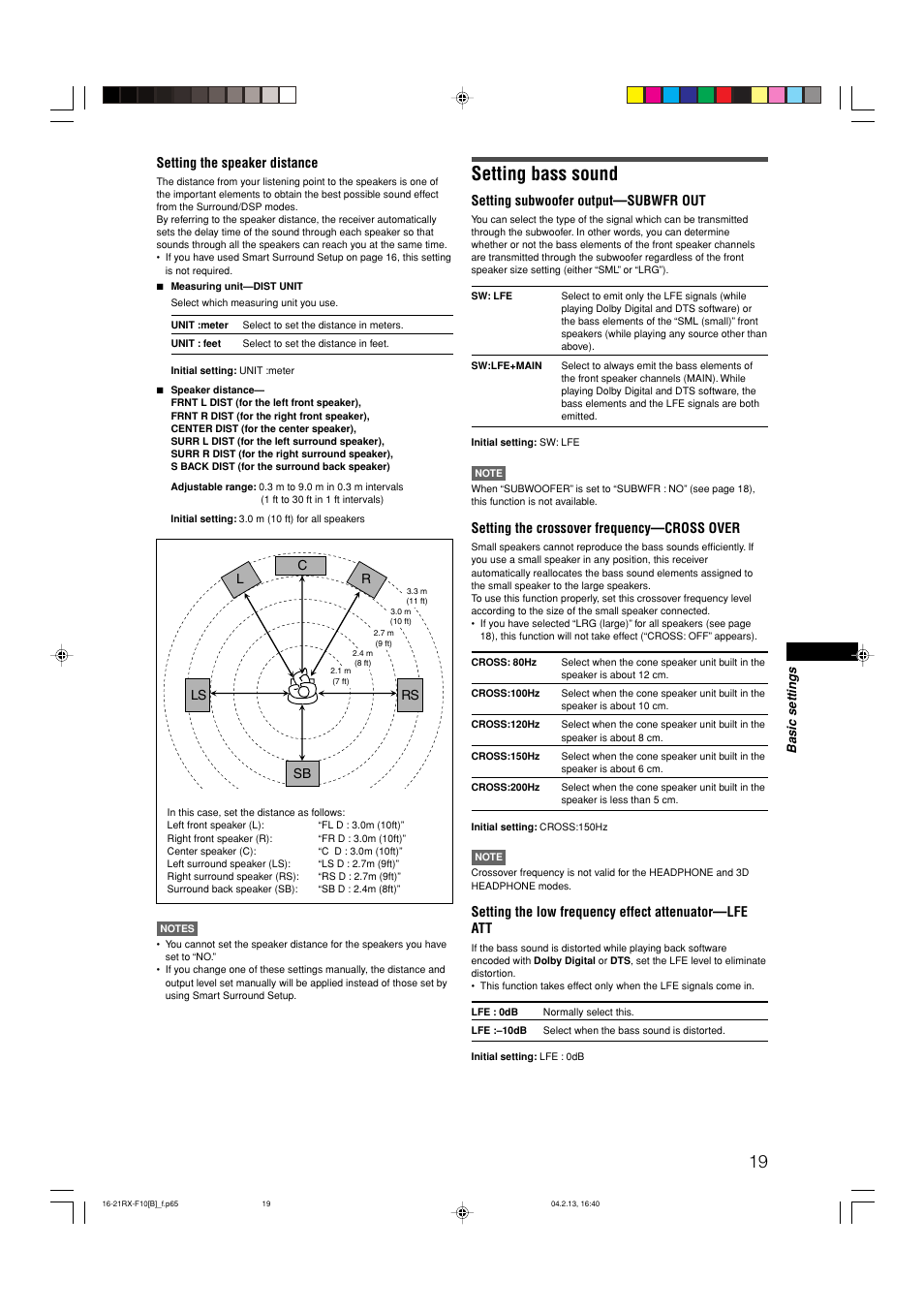 Setting bass sound, Setting the speaker distance, Setting subwoofer output—subwfr out | Setting the crossover frequency—cross over | JVC RX-F10S User Manual | Page 23 / 47