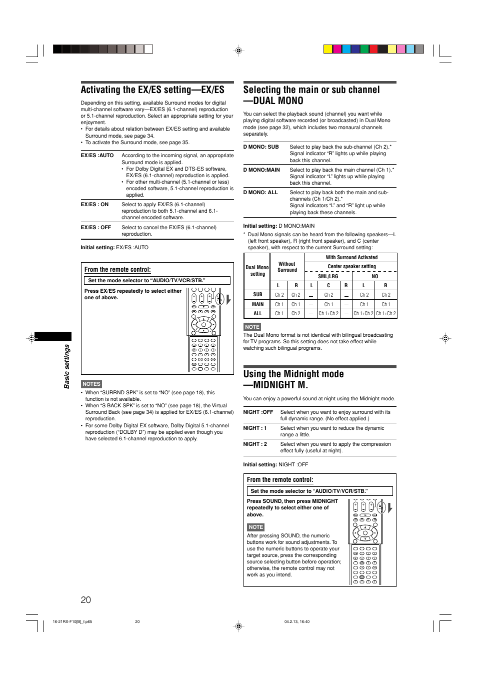 Activating the ex/es setting—ex/es, Selecting the main or sub channel —dual mono, Using the midnight mode —midnight m | JVC RX-F10S User Manual | Page 24 / 47