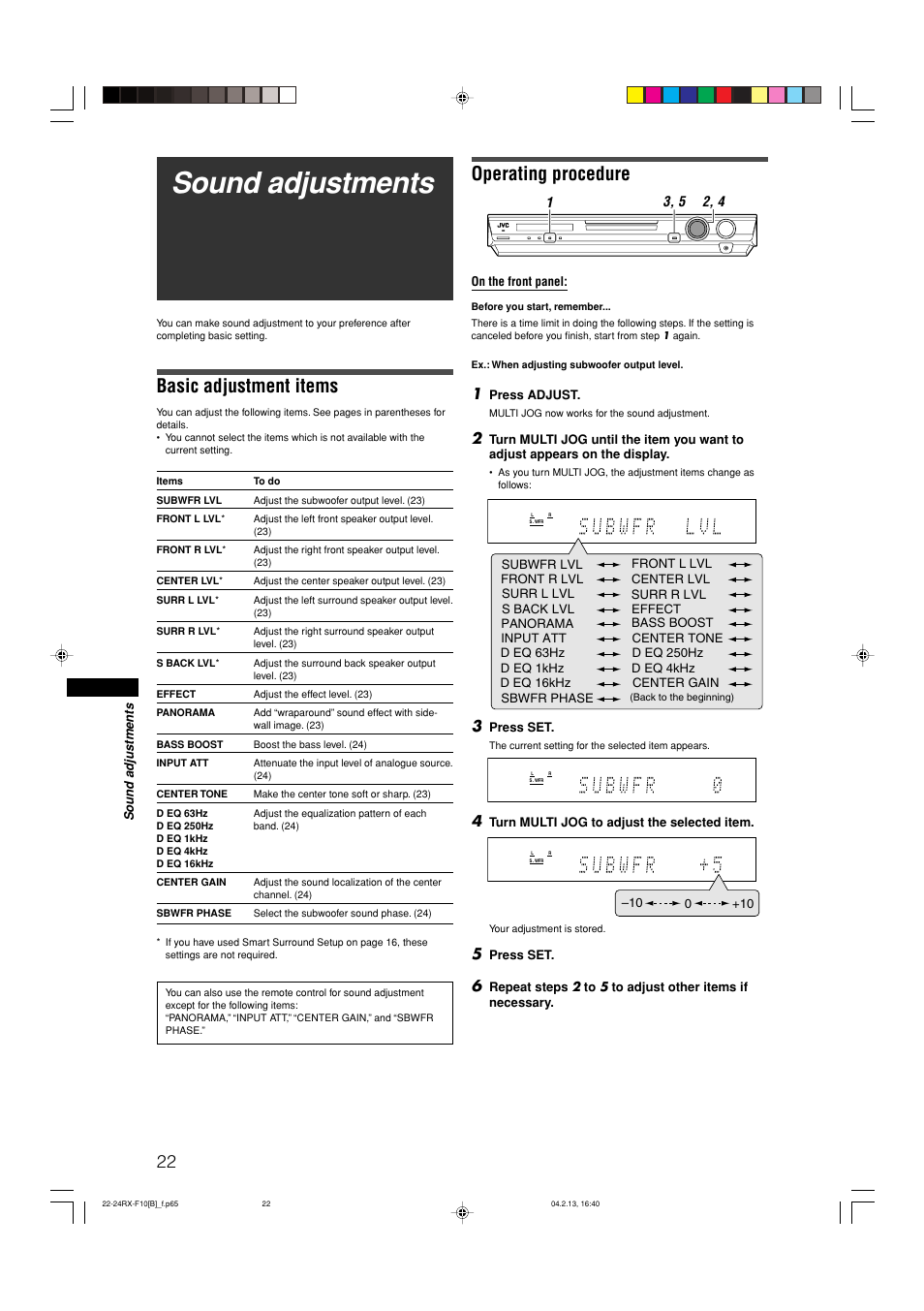 Sound adjustments, Basic adjustment items, Operating procedure | On the front panel, Press adjust, Press set, Turn multi jog to adjust the selected item | JVC RX-F10S User Manual | Page 26 / 47