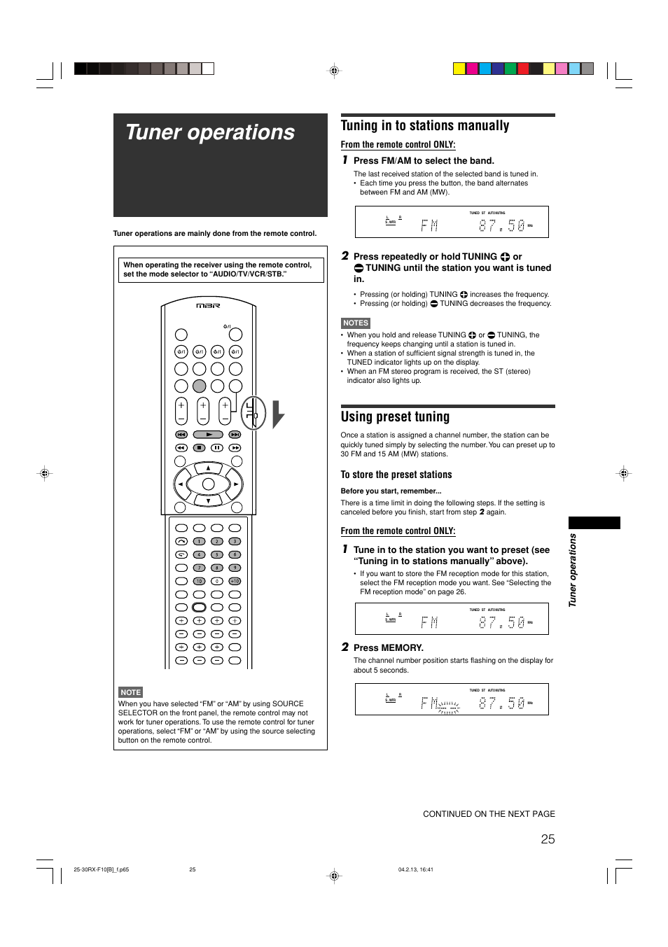 Tuner operations, Tuning in to stations manually, Using preset tuning | Press fm/am to select the band | JVC RX-F10S User Manual | Page 29 / 47