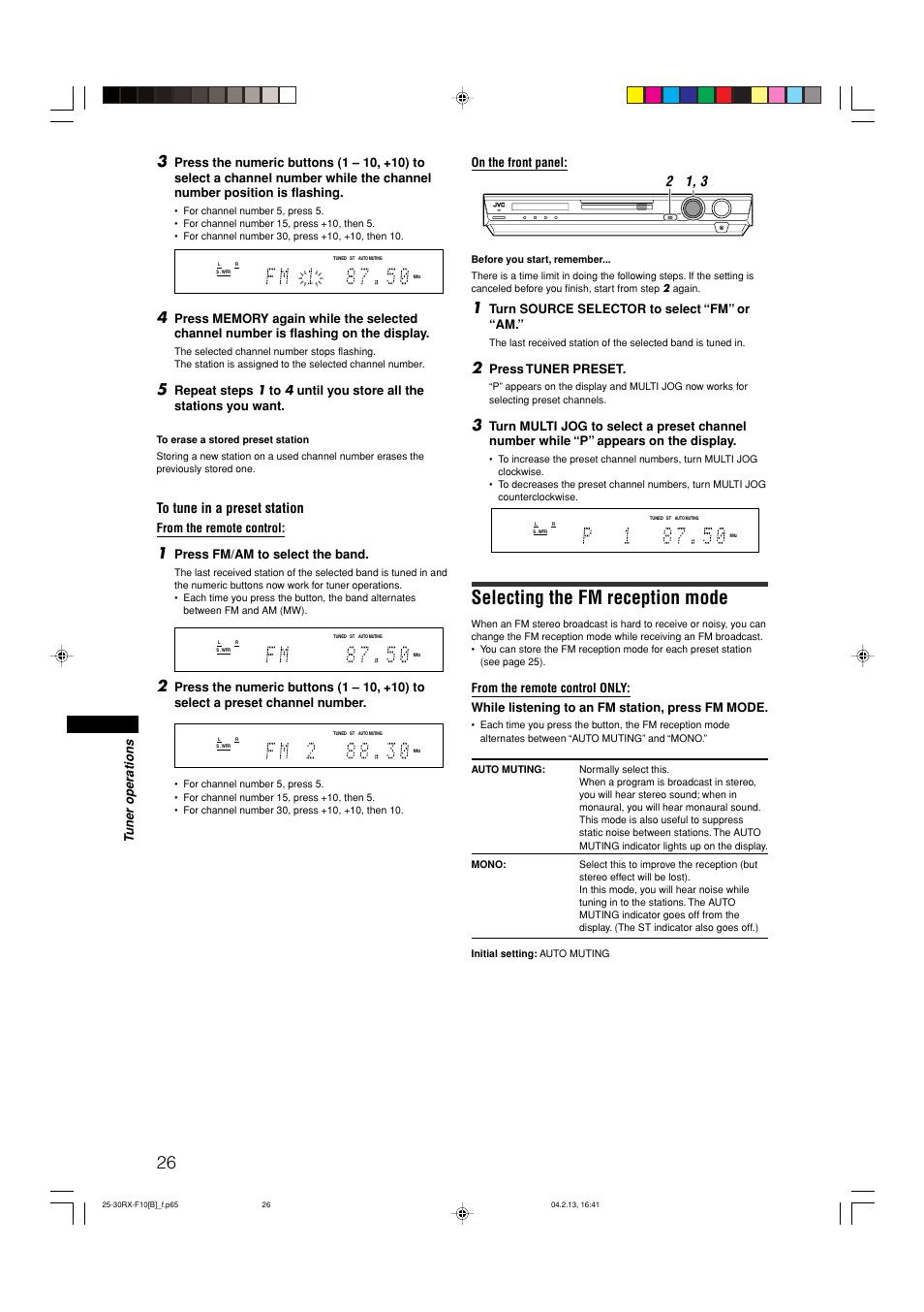 Selecting the fm reception mode, Tuner operations, Press fm/am to select the band | On the front panel, Turn source selector to select “fm” or “am, Press tuner preset | JVC RX-F10S User Manual | Page 30 / 47