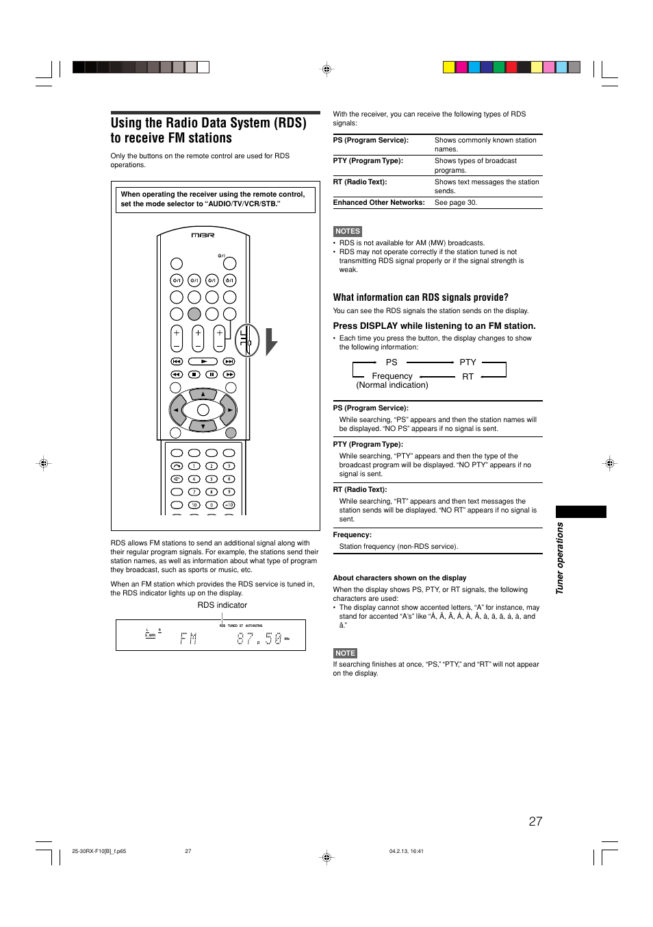 What information can rds signals provide, Tuner operations, Press display while listening to an fm station | JVC RX-F10S User Manual | Page 31 / 47